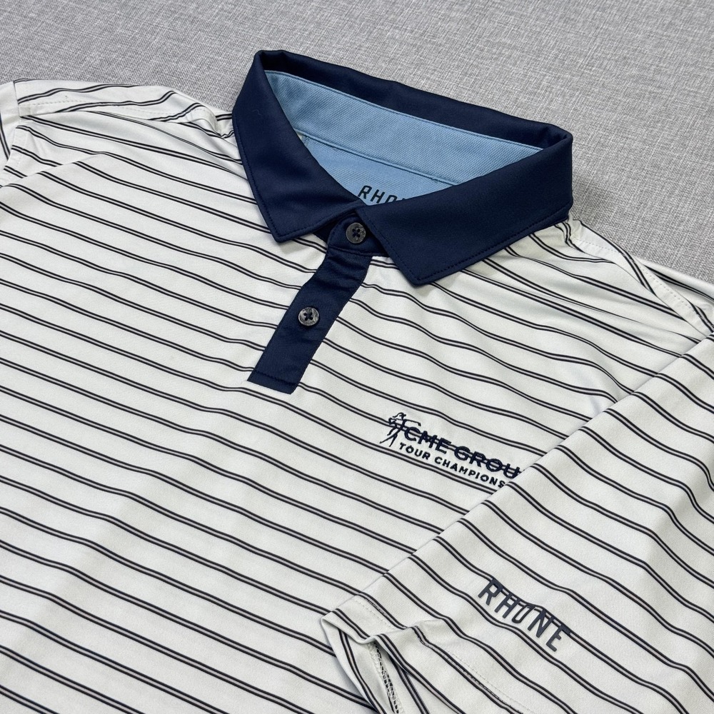 Rhone Polo Shirt Mens‎ XL White Short Sleeve Collared Striped Embroidered Golf